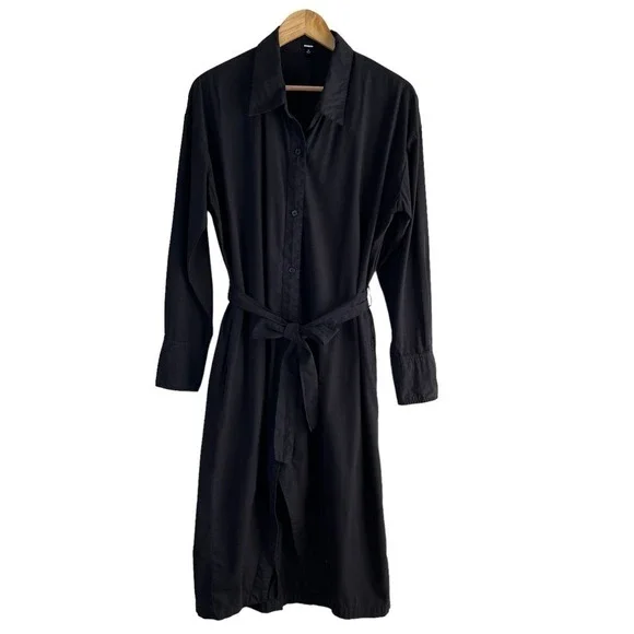 Monrow Asymmetrical Poplin Tie Shirt Dress in Black 100% Cotton, Size Small - Picture 2 of 14